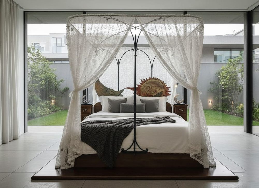 Canopy bed sole e luna con comodini e tendaggi